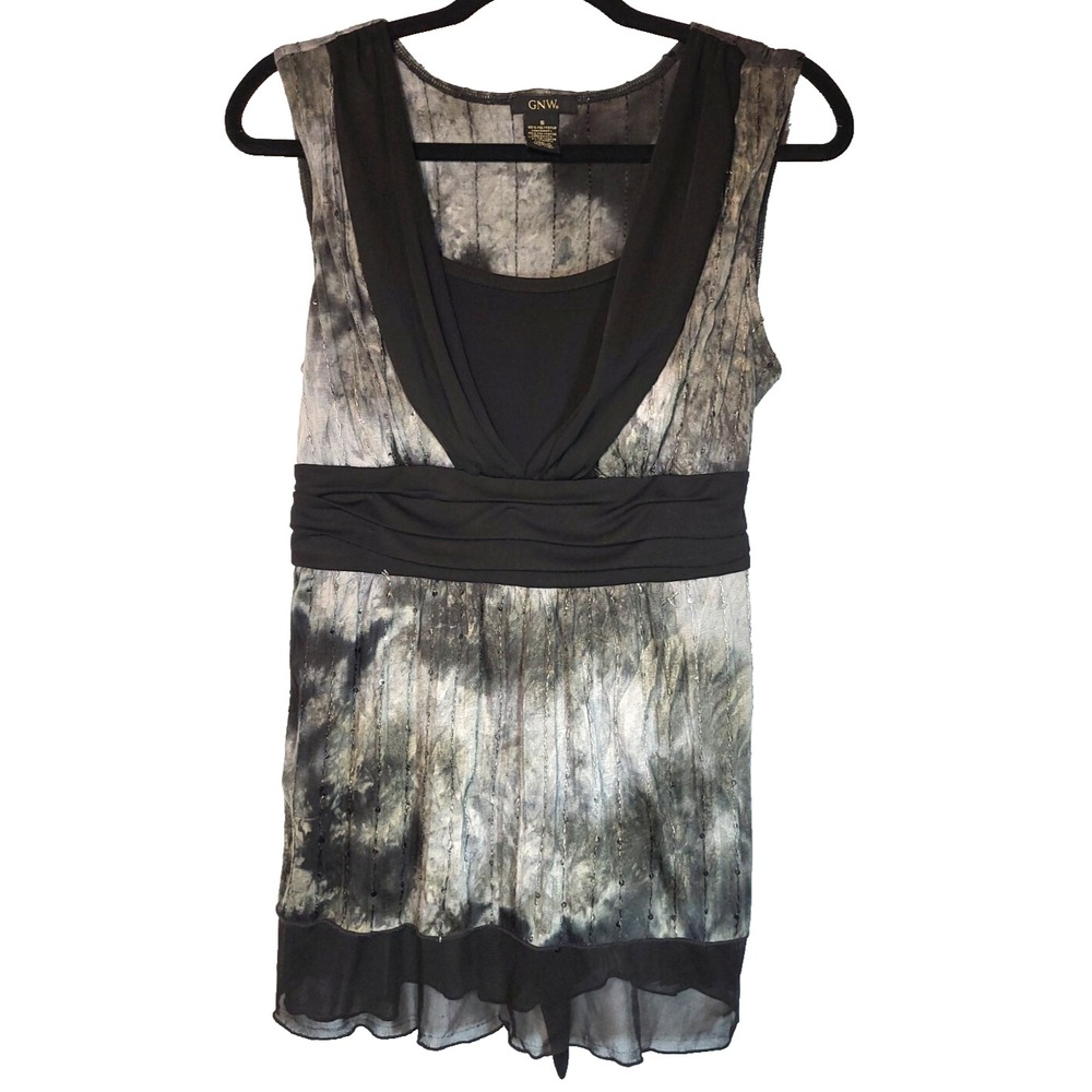 GNW Black Tie Dye‎ Babydoll Top Sequins Tie Back Small Whimsy Goth Grunge Witchy